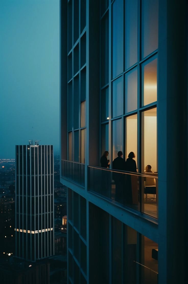 Analysts collaborating in an office tower